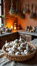 Rustic kitchen with basket of garlic bulbs and candlelight ambiance Royalty Free Stock Photo