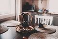 rustic kitchen in brown and grey tones in modern farmhouse ot cottage