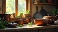 Rustic kitchen countertop bathed in sunlight, featuring an assortment of copper cookware and vibrant herbs. Generative AI Royalty Free Stock Photo