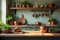 Rustic kitchen countertop with copper cookware and herbs in sunlight. Generative AI Royalty Free Stock Photo