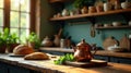 Rustic kitchen countertop with copper teapot, fresh herbs, and baked bread in warm sunlight. Generative AI Royalty Free Stock Photo