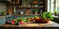 Rustic kitchen countertop display featuring freshly harvested tomatoes and herbs in natural sunlight. Generative AI Royalty Free Stock Photo