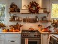 Rustic Kitchen Decor with Fall Accents and Pumpkins Royalty Free Stock Photo