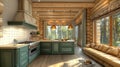 Rustic kitchen design, log cabin, forest view, sunlight, interior design Royalty Free Stock Photo