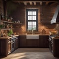 A rustic kitchen with exposed brick walls, wooden cabinets, and vintage decor Country farmhouse style1