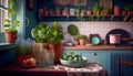 Rustic Kitchen with Fresh Blooms and Natural Light. Generative AI