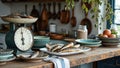 Rustic kitchen with fresh fish and vintage scale on wooden table Royalty Free Stock Photo