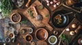 Rustic kitchen with fresh herbs and spices on wooden table Royalty Free Stock Photo