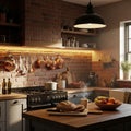 Rustic Kitchen Interior Bread, Fruit, and Brick Wall Royalty Free Stock Photo