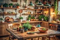 Rustic kitchen interior design showcasing a charming wooden dining table set for a meal, surrounded by an array of potted plants Royalty Free Stock Photo