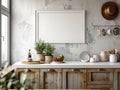 Rustic kitchen interior with a blank frame on the wall. There are some pots with plants, a bowl with fruit, and some kitchen Royalty Free Stock Photo
