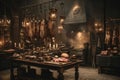 Rustic kitchen interior featuring hanging meats, antique cookware, and candlelight, creating a warm, inviting atmosphere for Royalty Free Stock Photo