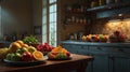 Rustic Kitchen Interior with Fresh Fruit Bowls and Plates on Wooden Tables in Morning Light Royalty Free Stock Photo