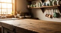 Rustic Kitchen Interior with Wooden Tabletop Royalty Free Stock Photo