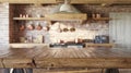Rustic Wooden Table in Bright Kitchen With Brick Wall and Copper Pots Royalty Free Stock Photo