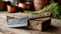 Rustic kitchen knife and chopping block with herbs and cookware. Royalty Free Stock Photo