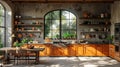 Rustic kitchen with natural light and plants - generative ai Royalty Free Stock Photo