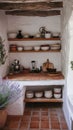 A rustic kitchen with open shelving terracotta flooring and lavender decor. Royalty Free Stock Photo
