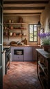 A rustic kitchen with open shelving terracotta flooring and lavender decor. Royalty Free Stock Photo