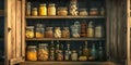 Rustic kitchen pantry shelves stocked with various preserved foods in jars. home canning essentials. vintage