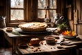 A rustic kitchen with a pie cooling on the windowsill, ready for Thanksgiving dessert