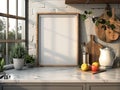 Rustic kitchen scene with a blank wooden frame on the counter