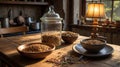 Golden Granola in Rustic Bowls on Wooden Table with Lavender and Kitchenware Scene Royalty Free Stock Photo