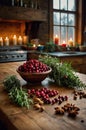 Rustic Kitchen Still Life: Cranberries, Herbs, and Spices on Wooden Table Royalty Free Stock Photo