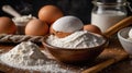 Baking Ingredients Arrangement with Flour, Eggs and Milk for Homemade Cake Preparation Royalty Free Stock Photo