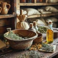 A rustic kitchen scene featuring the preparation of a herbal poultice and infusion designed to draw out bodily toxins