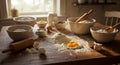 Rustic Kitchen Scene: Flour, Eggs, and Baking Tools on Wooden Table Royalty Free Stock Photo
