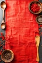 Rustic Kitchen Scene with Red Tablecloth, Wooden Spoons, and Ceramic Bowls Filled with Spices on Dark Tabletop