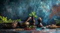 Rustic kitchen scene with spices, herbs, and cooking tools Royalty Free Stock Photo