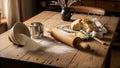 A rustic kitchen scene with a wooden table displaying baking essentials Royalty Free Stock Photo