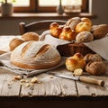 A rustic kitchen setting with an assortment of freshly baked bread Royalty Free Stock Photo