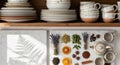 Rustic kitchen setting with ceramic dishes on a wooden shelf, featuring stacks of plates and cups Royalty Free Stock Photo