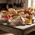 A rustic kitchen setting features various types of bread on a wooden table Royalty Free Stock Photo