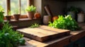 Rustic kitchen setting with wooden cutting board and fresh herbs in earthenware pots basking in sunlight. Generative AI Royalty Free Stock Photo