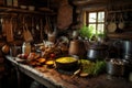 rustic kitchen setup with soup pot, wooden spoon, and spices