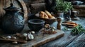 Rustic kitchen setup with spices, garlic, and traditional tools Royalty Free Stock Photo