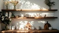 Rustic kitchen shelves with ceramic dishes and glassware in sunlit room Royalty Free Stock Photo