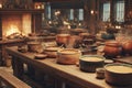 Rustic kitchen with simmering pots and a warm fire in a cozy setting Royalty Free Stock Photo