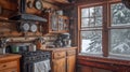Rustic Kitchen with Snow-Covered Window View Royalty Free Stock Photo