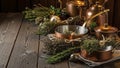 Rustic Kitchen Still Life with Copper Cookware and Dried Herbs on Wooden Table Royalty Free Stock Photo