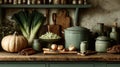 Rustic Kitchen Still Life with Earthenware Pottery and Autumn Vegetables Royalty Free Stock Photo