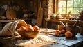 Rustic Kitchen Still Life With Fresh Eggs Flour And Wooden Cooking Tools In Warm Sunlight Royalty Free Stock Photo