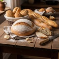 A rustic kitchen table is adorned with a variety of freshly baked bread Royalty Free Stock Photo
