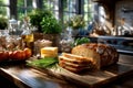 Rustic kitchen table with bread, cheese, tomatoes, and herbs Royalty Free Stock Photo