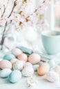 A rustic kitchen table displays an array of pastel Easter egg dyeing supplies, surrounded by soft natural light pouring Royalty Free Stock Photo