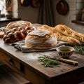 A rustic kitchen table features an assortment of freshly baked bread Royalty Free Stock Photo